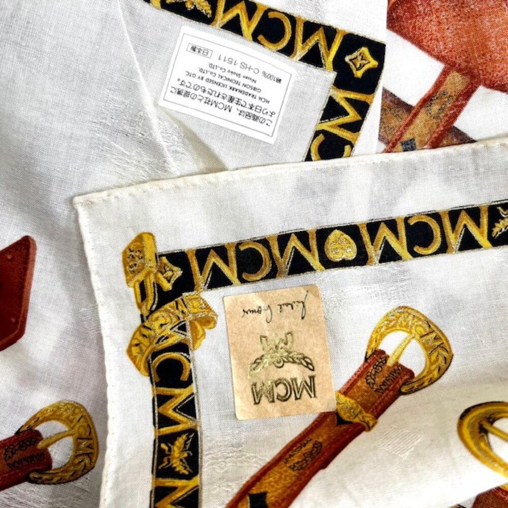 New tag On MCM mini scarf handkerchief cotton 21" Ivery Black Belts Logo  ( 28) - Picture 5 of 8